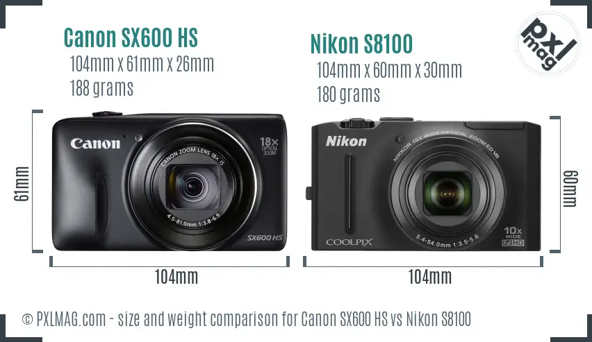 Canon SX600 HS vs Nikon S8100 size comparison