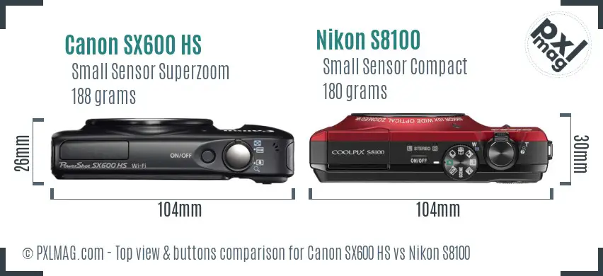 Canon SX600 HS vs Nikon S8100 top view buttons comparison