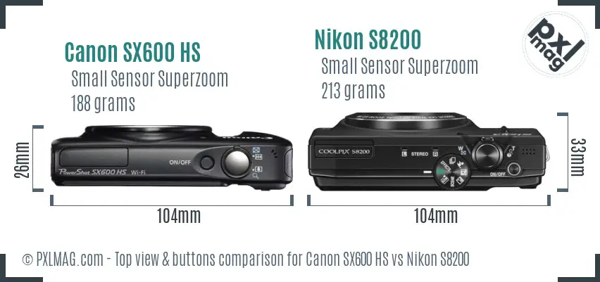 Canon SX600 HS vs Nikon S8200 top view buttons comparison