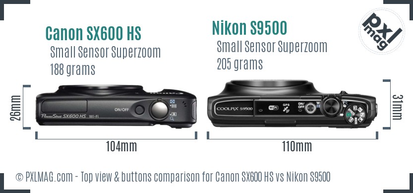 Canon SX600 HS vs Nikon S9500 top view buttons comparison