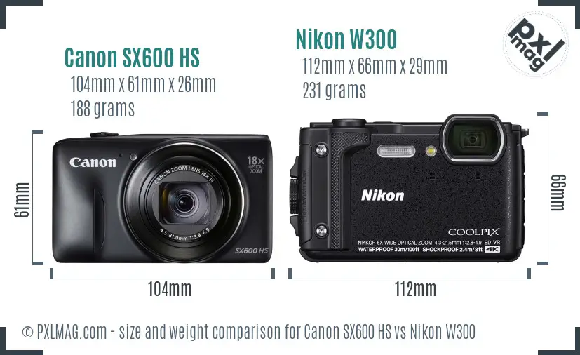 Canon SX600 HS vs Nikon W300 size comparison
