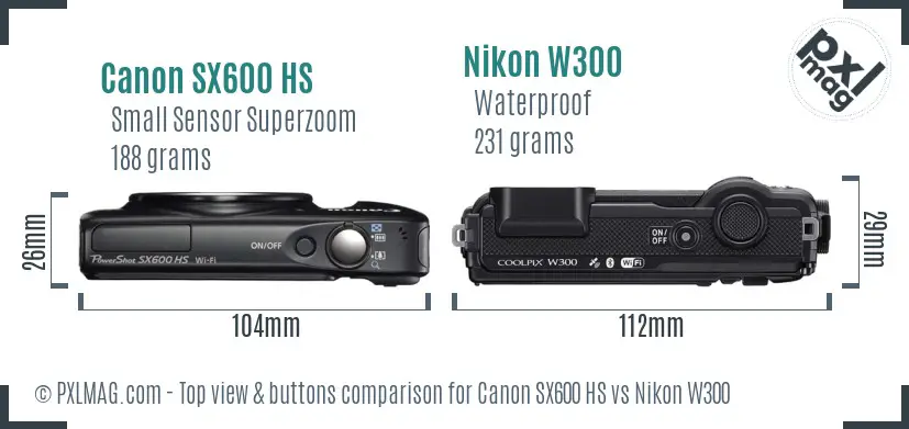 Canon SX600 HS vs Nikon W300 top view buttons comparison