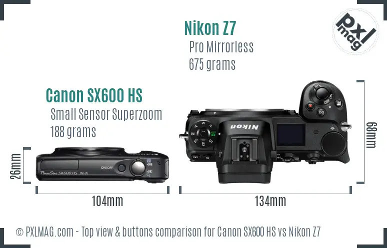 Canon SX600 HS vs Nikon Z7 top view buttons comparison Canon SX600 HS vs Nikon Z7 top view buttons comparison