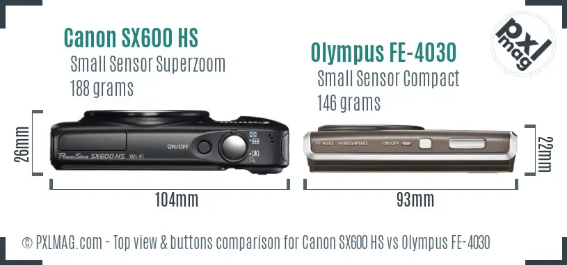 Canon SX600 HS vs Olympus FE-4030 top view buttons comparison Canon SX600 HS vs Olympus FE-4030 top view buttons comparison