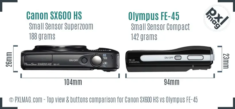 Canon SX600 HS vs Olympus FE-45 top view buttons comparison