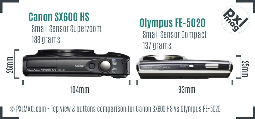 Canon SX600 HS vs Olympus FE-5020 top view buttons comparison Canon SX600 HS vs Olympus FE-5020 top view buttons comparison