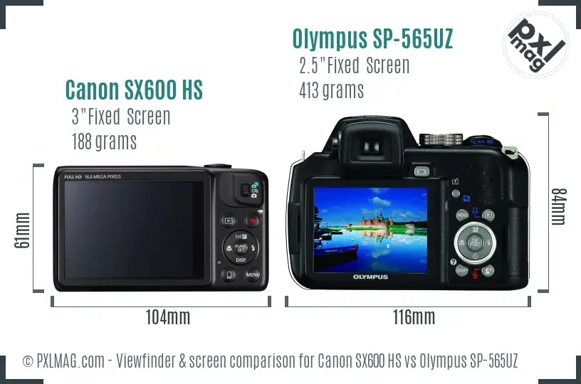 Canon SX600 HS vs Olympus SP-565UZ Screen and Viewfinder comparison