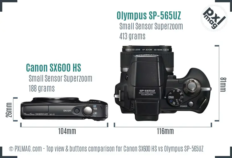 Canon SX600 HS vs Olympus SP-565UZ top view buttons comparison