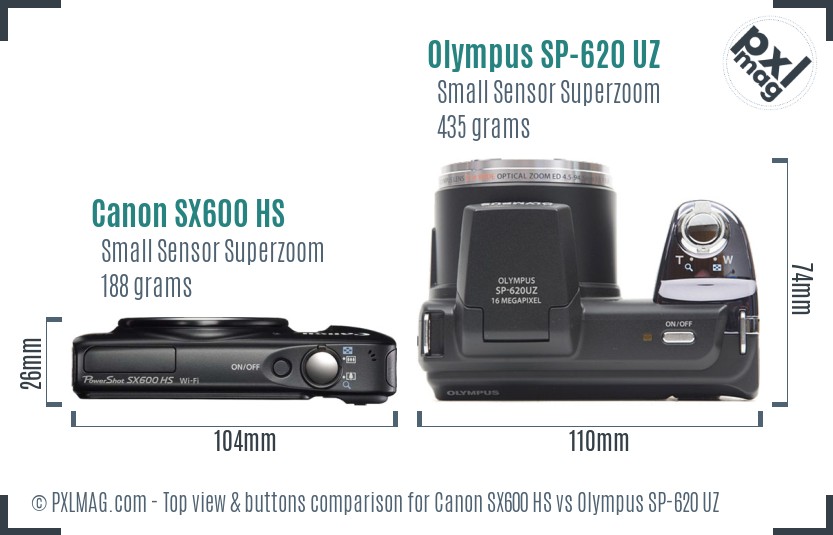 Canon SX600 HS vs Olympus SP-620 UZ top view buttons comparison