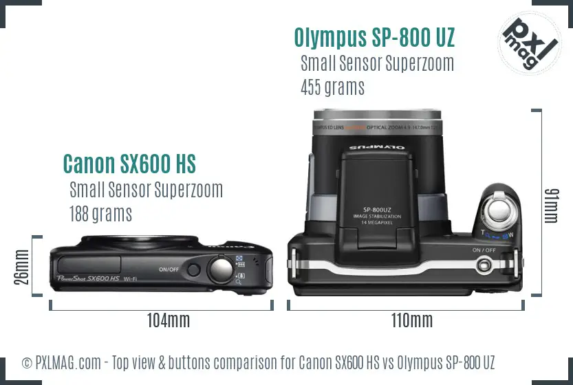 Canon SX600 HS vs Olympus SP-800 UZ top view buttons comparison Canon SX600 HS vs Olympus SP-800 UZ top view buttons comparison
