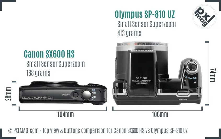 Canon SX600 HS vs Olympus SP-810 UZ top view buttons comparison