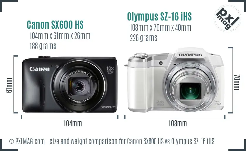 Canon SX600 HS vs Olympus SZ-16 iHS size comparison