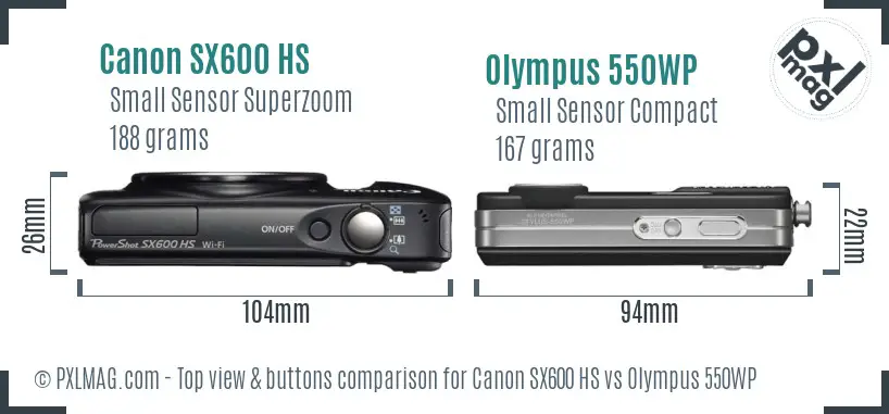 Canon SX600 HS vs Olympus 550WP top view buttons comparison Canon SX600 HS vs Olympus 550WP top view buttons comparison