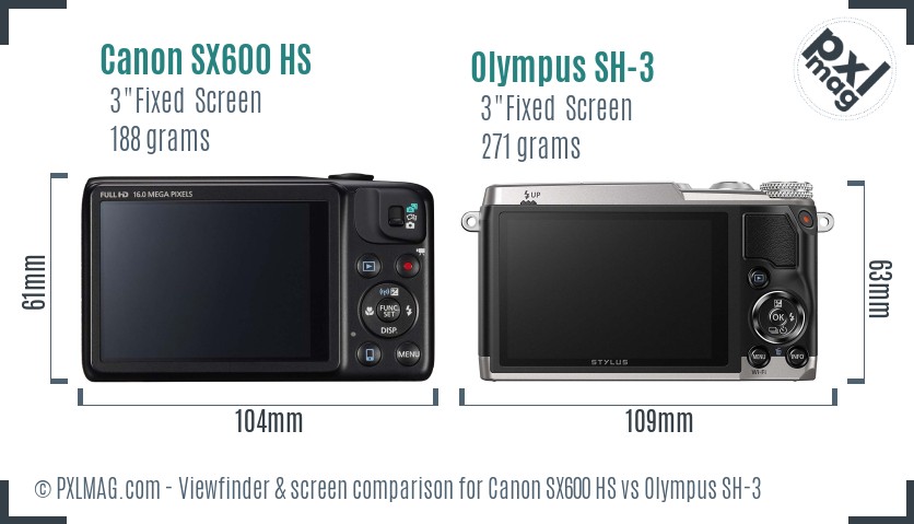 Canon SX600 HS vs Olympus SH-3 Screen and Viewfinder comparison
