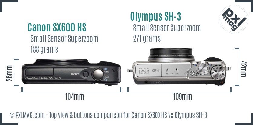 Canon SX600 HS vs Olympus SH-3 top view buttons comparison