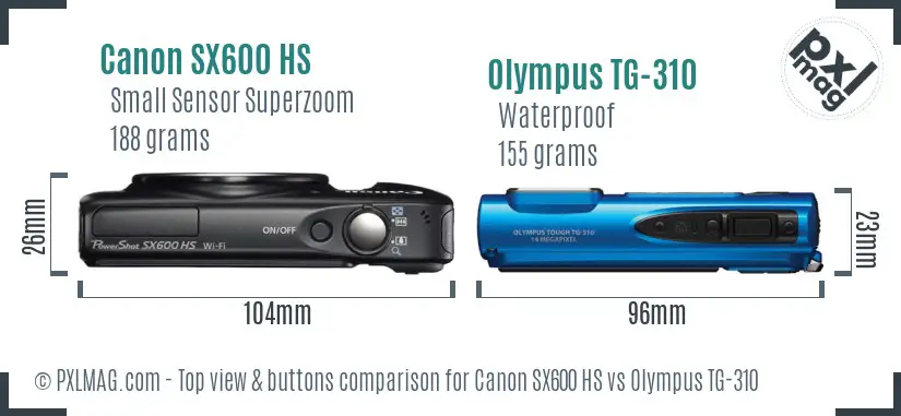 Canon SX600 HS vs Olympus TG-310 top view buttons comparison Canon SX600 HS vs Olympus TG-310 top view buttons comparison