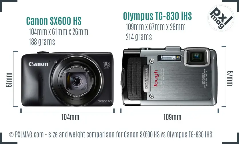 Canon SX600 HS vs Olympus TG-830 iHS size comparison