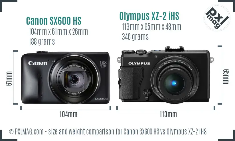 Canon SX600 HS vs Olympus XZ-2 iHS size comparison