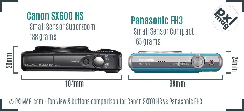 Canon SX600 HS vs Panasonic FH3 top view buttons comparison Canon SX600 HS vs Panasonic FH3 top view buttons comparison