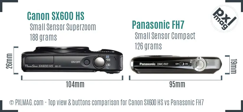 Canon SX600 HS vs Panasonic FH7 top view buttons comparison Canon SX600 HS vs Panasonic FH7 top view buttons comparison