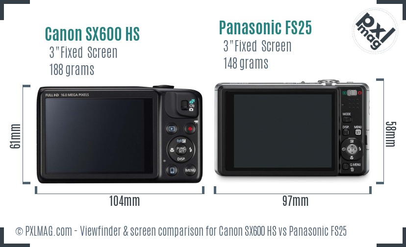 Canon SX600 HS vs Panasonic FS25 Screen and Viewfinder comparison