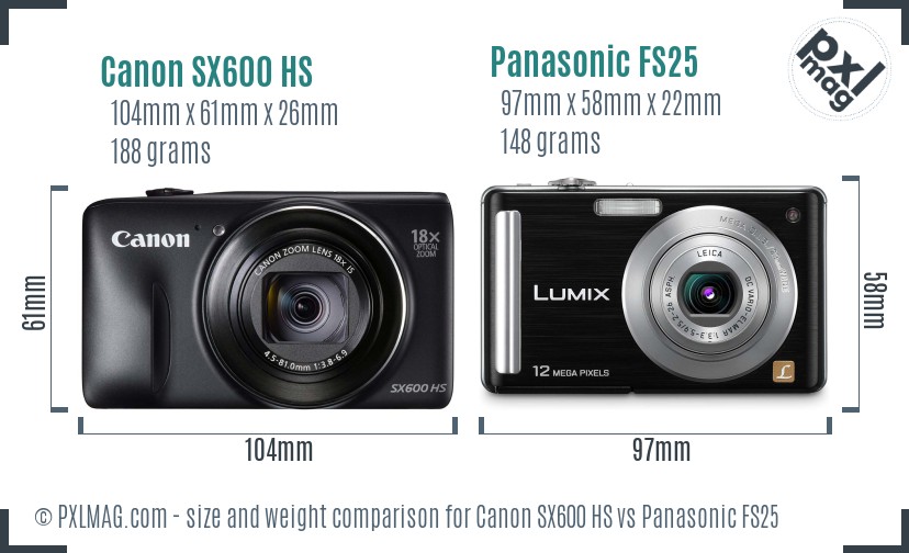 Canon SX600 HS vs Panasonic FS25 size comparison