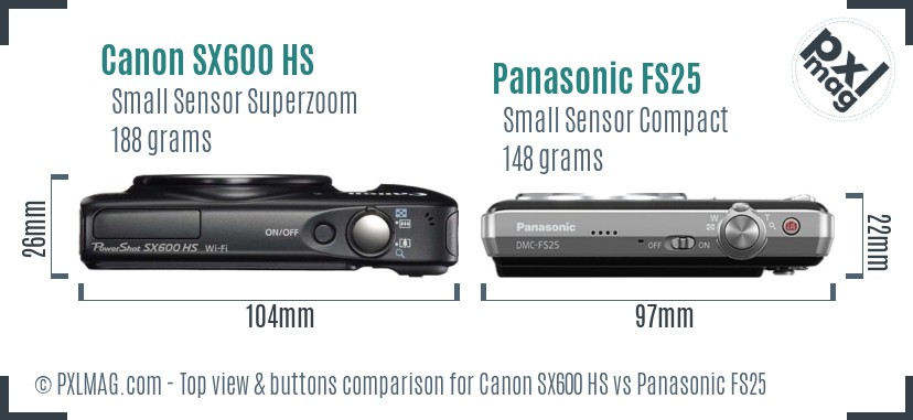 Canon SX600 HS vs Panasonic FS25 top view buttons comparison