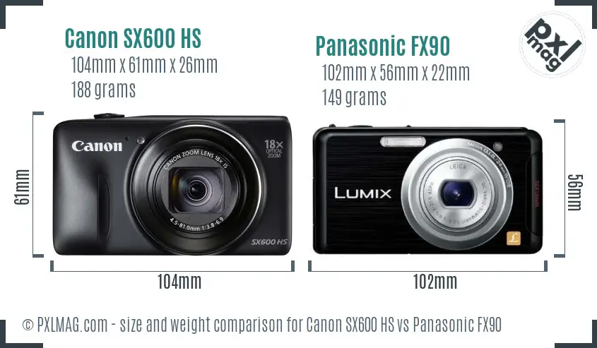 Canon SX600 HS vs Panasonic FX90 size comparison