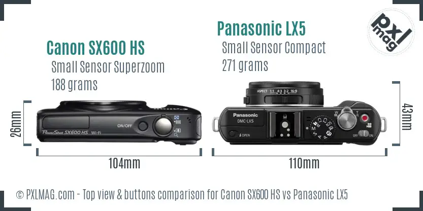 Canon SX600 HS vs Panasonic LX5 top view buttons comparison