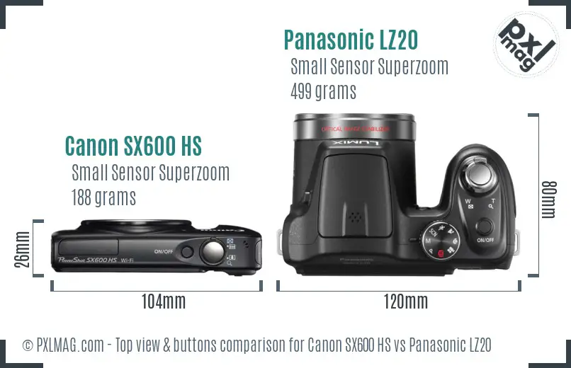 Canon SX600 HS vs Panasonic LZ20 top view buttons comparison Canon SX600 HS vs Panasonic LZ20 top view buttons comparison