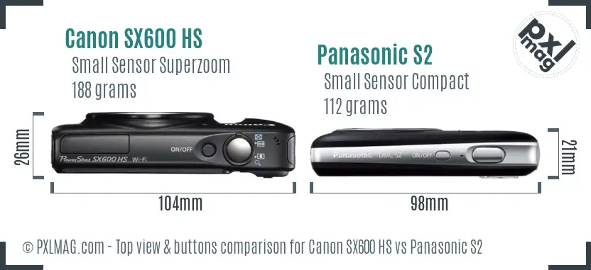 Canon SX600 HS vs Panasonic S2 top view buttons comparison Canon SX600 HS vs Panasonic S2 top view buttons comparison