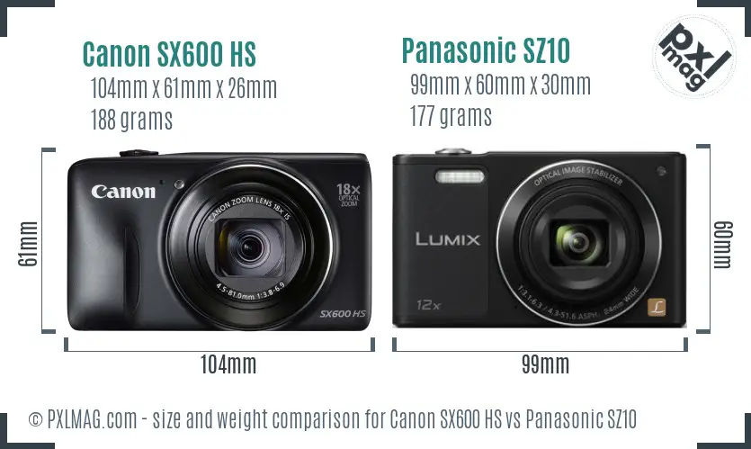 Canon SX600 HS vs Panasonic SZ10 size comparison