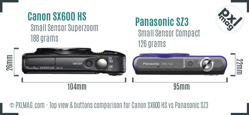 Canon SX600 HS vs Panasonic SZ3 top view buttons comparison Canon SX600 HS vs Panasonic SZ3 top view buttons comparison