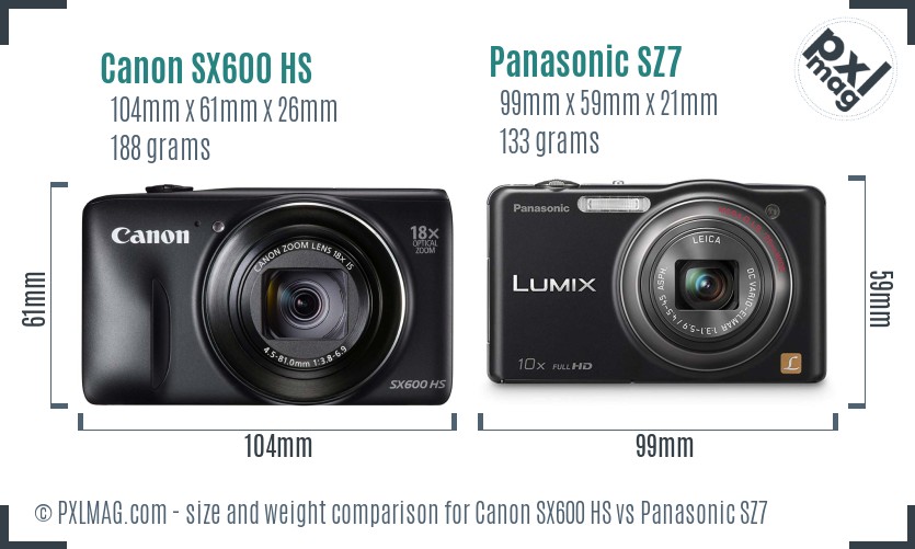 Canon SX600 HS vs Panasonic SZ7 size comparison
