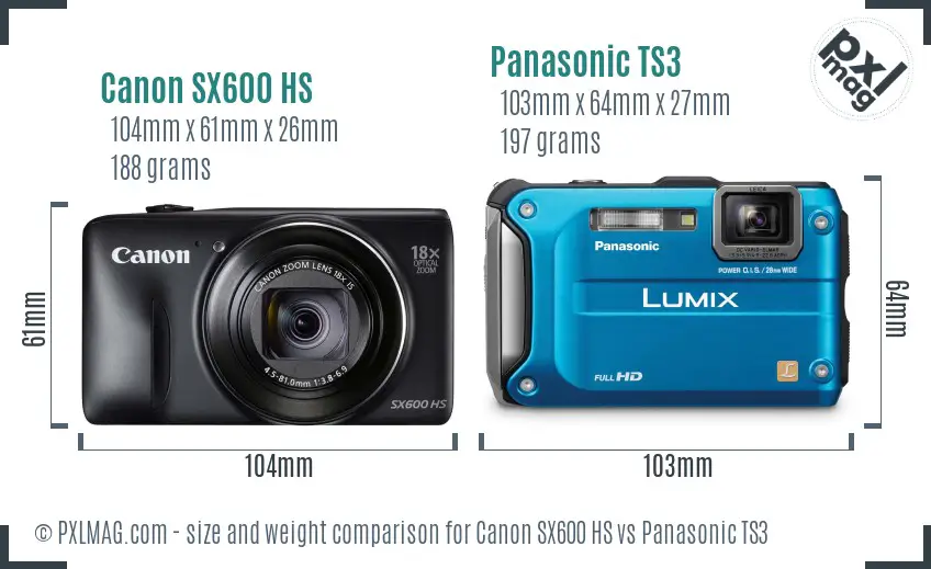 Canon SX600 HS vs Panasonic TS3 size comparison