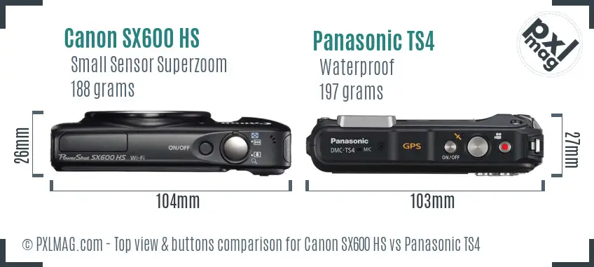 Canon SX600 HS vs Panasonic TS4 top view buttons comparison
