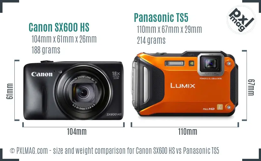 Canon SX600 HS vs Panasonic TS5 size comparison