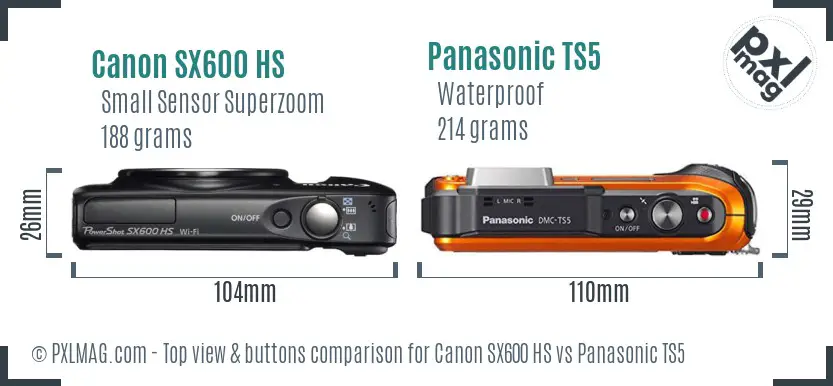 Canon SX600 HS vs Panasonic TS5 top view buttons comparison