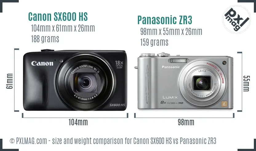 Canon SX600 HS vs Panasonic ZR3 size comparison