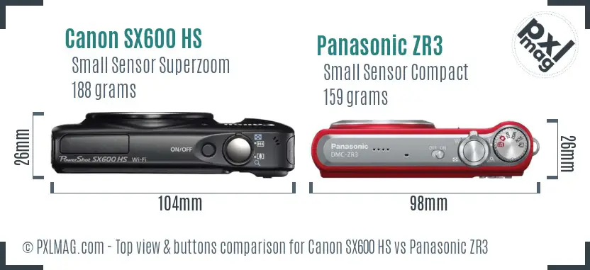 Canon SX600 HS vs Panasonic ZR3 top view buttons comparison