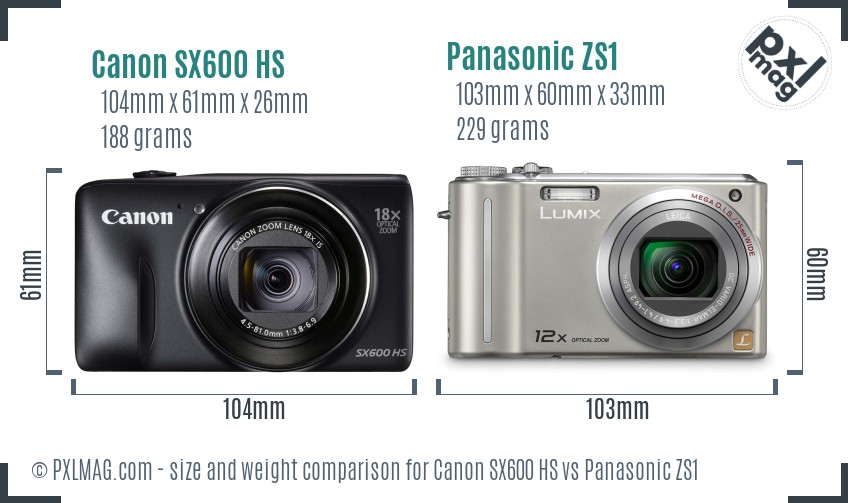 Canon SX600 HS vs Panasonic ZS1 size comparison
