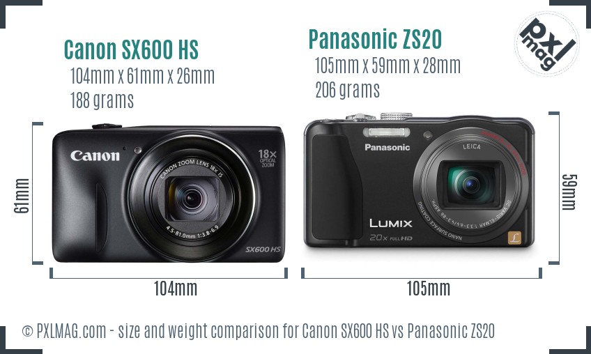 Canon SX600 HS vs Panasonic ZS20 size comparison