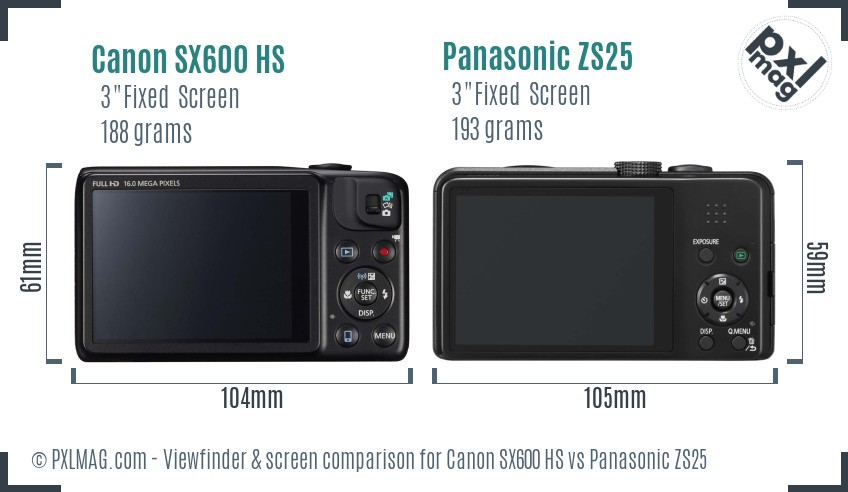 Canon SX600 HS vs Panasonic ZS25 Screen and Viewfinder comparison