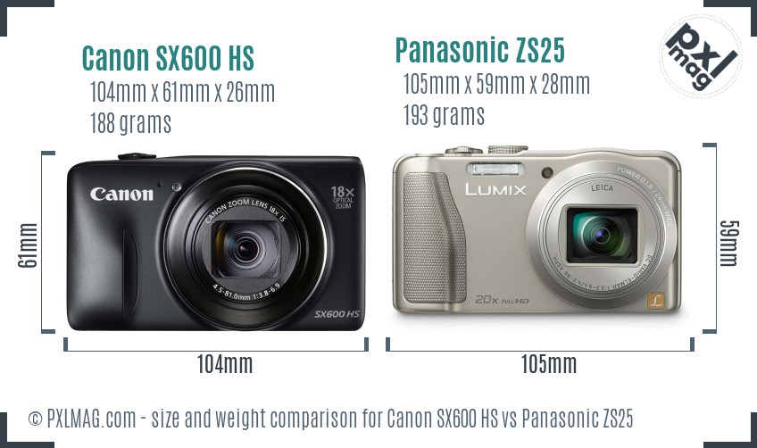 Canon SX600 HS vs Panasonic ZS25 size comparison