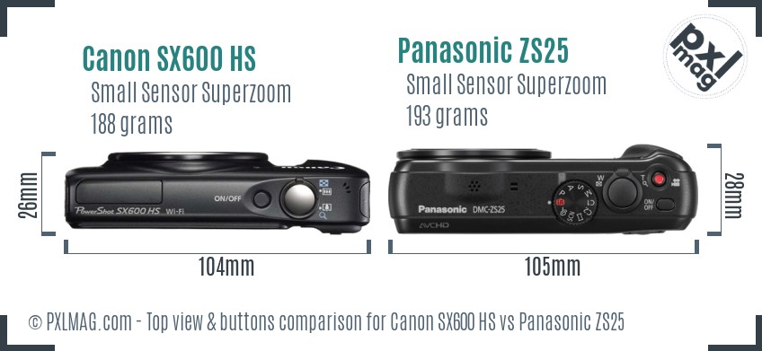 Canon SX600 HS vs Panasonic ZS25 top view buttons comparison