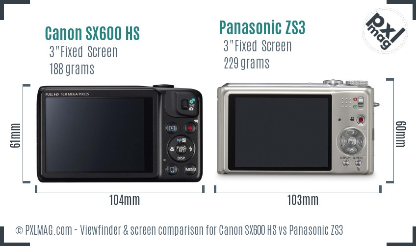 Canon SX600 HS vs Panasonic ZS3 Screen and Viewfinder comparison