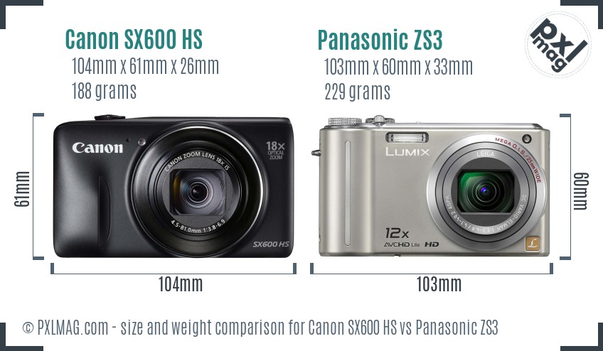 Canon SX600 HS vs Panasonic ZS3 size comparison