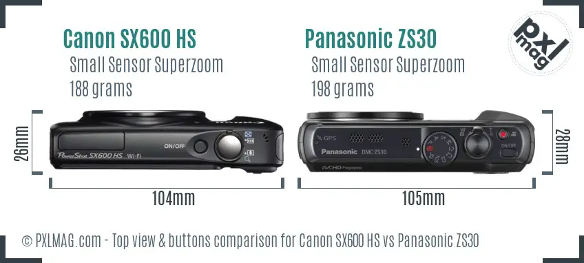 Canon SX600 HS vs Panasonic ZS30 top view buttons comparison