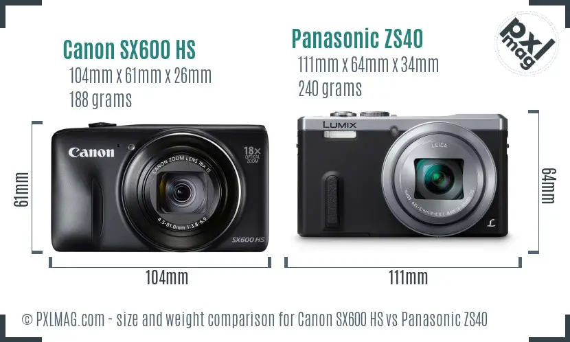 Canon SX600 HS vs Panasonic ZS40 size comparison
