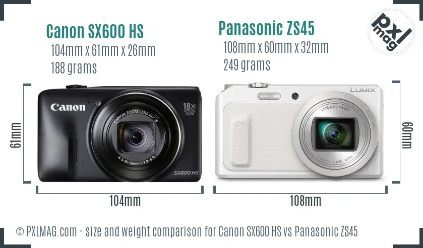 Canon SX600 HS vs Panasonic ZS45 size comparison